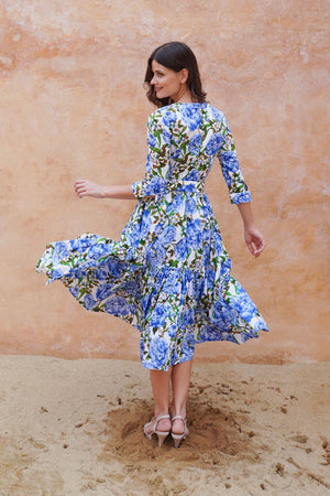 Melanie Dress Crew Neck 3/4 Sleeve Midi Plus Length Cotton Lawn (Pink Peony)