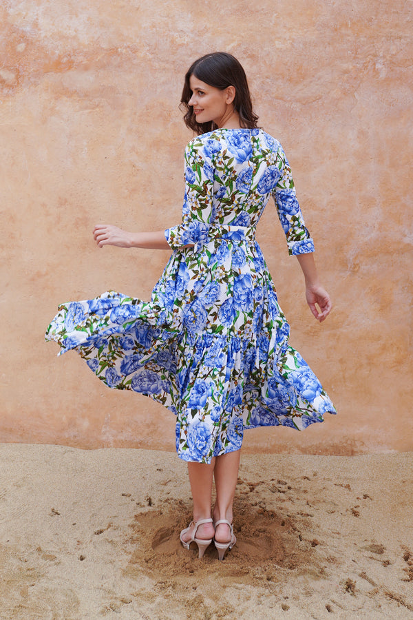 Melanie Dress Crew Neck 3/4 Sleeve Midi Plus Length Cotton Lawn (Pink Peony)