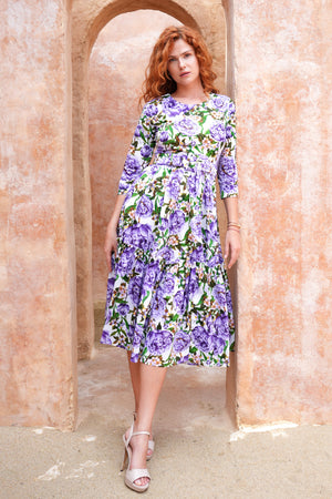 Melanie Dress Crew Neck 3/4 Sleeve Midi Plus Length Cotton Lawn (Pink Peony)
