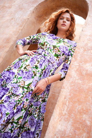 Melanie Dress Crew Neck 3/4 Sleeve Midi Plus Length Cotton Lawn (Pink Peony)