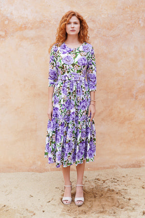 Melanie Dress Crew Neck 3/4 Sleeve Midi Plus Length Cotton Lawn (Pink Peony)