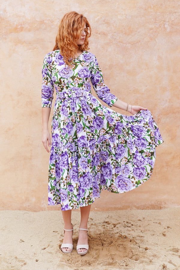 Melanie Dress Crew Neck 3/4 Sleeve Midi Plus Length Cotton Lawn (Pink Peony)