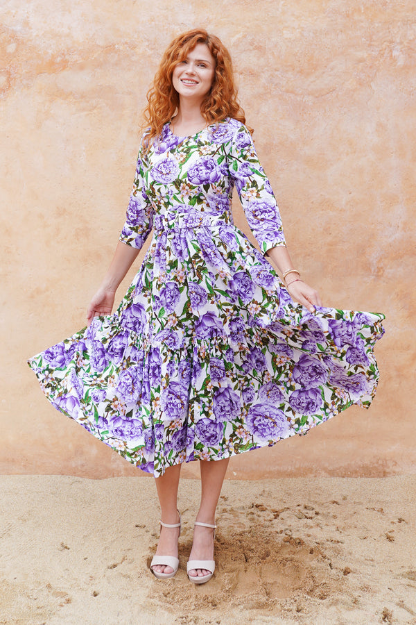 Melanie Dress Crew Neck 3/4 Sleeve Midi Plus Length Cotton Lawn (Pink Peony)