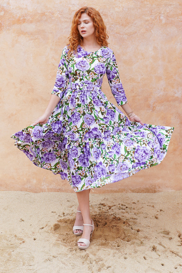 Melanie Dress Crew Neck 3/4 Sleeve Midi Plus Length Cotton Lawn (Pink Peony)