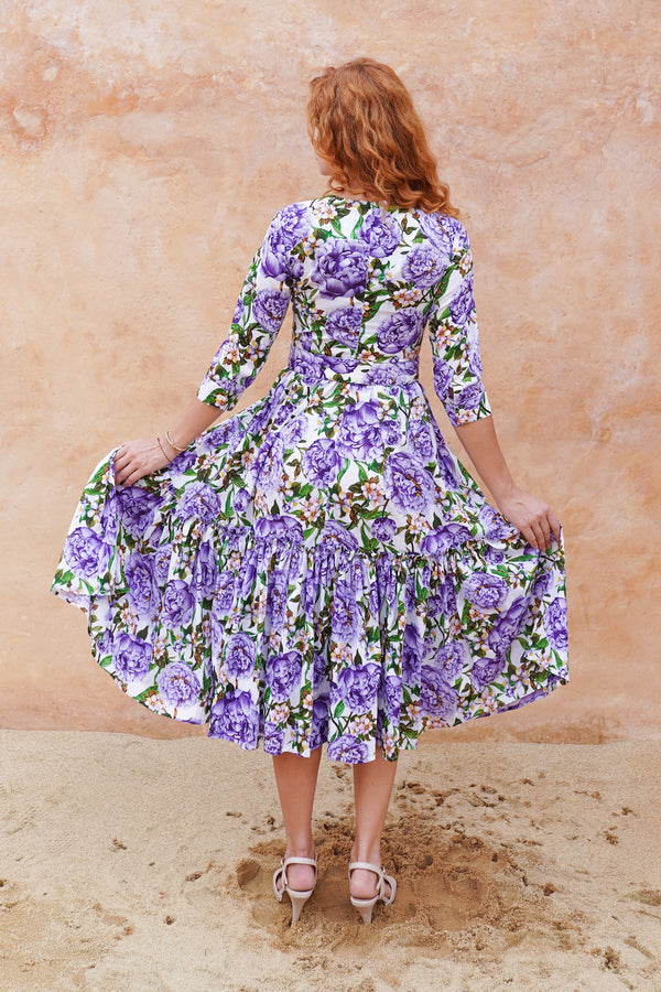 Melanie Dress Crew Neck 3/4 Sleeve Midi Plus Length Cotton Lawn (Pink Peony)