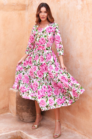 Melanie Dress Crew Neck 3/4 Sleeve Midi Plus Length Cotton Lawn (Pink Peony)