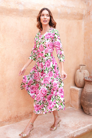 Melanie Dress Crew Neck 3/4 Sleeve Midi Plus Length Cotton Lawn (Pink Peony)