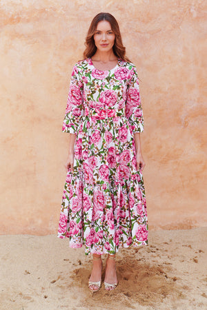 Melanie Dress Crew Neck 3/4 Sleeve Midi Plus Length Cotton Lawn (Pink Peony)