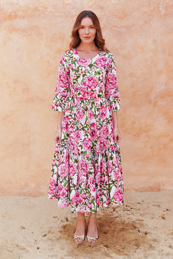 Melanie Dress Crew Neck 3/4 Sleeve Midi Plus Length Cotton Lawn (Pink Peony)