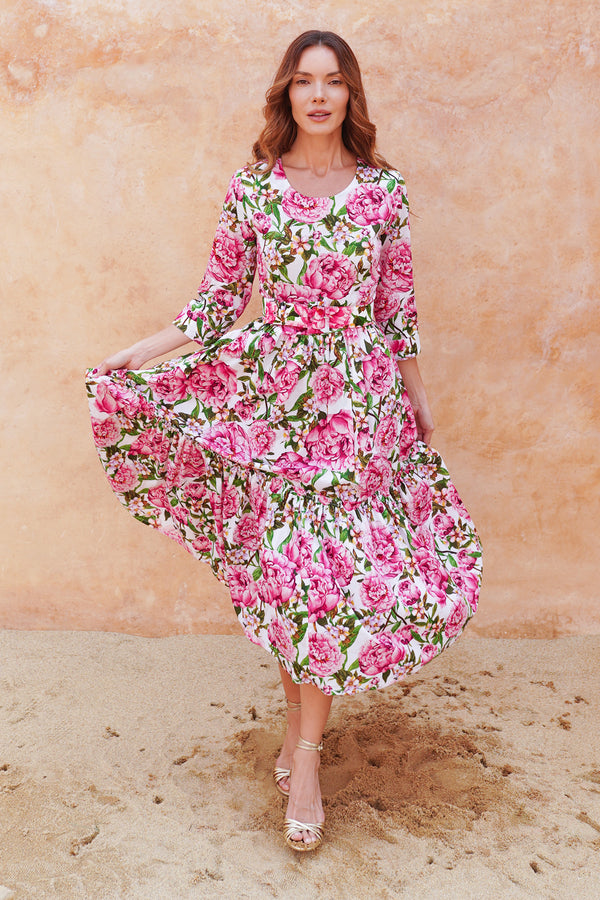 Melanie Dress Crew Neck 3/4 Sleeve Midi Plus Length Cotton Lawn (Pink Peony)