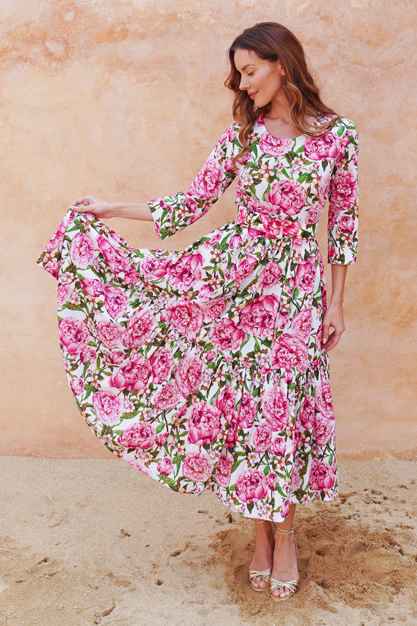 Melanie Dress Crew Neck 3/4 Sleeve Midi Plus Length Cotton Lawn (Pink Peony)