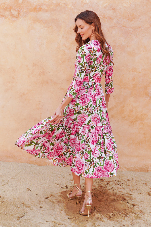 Melanie Dress Crew Neck 3/4 Sleeve Midi Plus Length Cotton Lawn (Pink Peony)