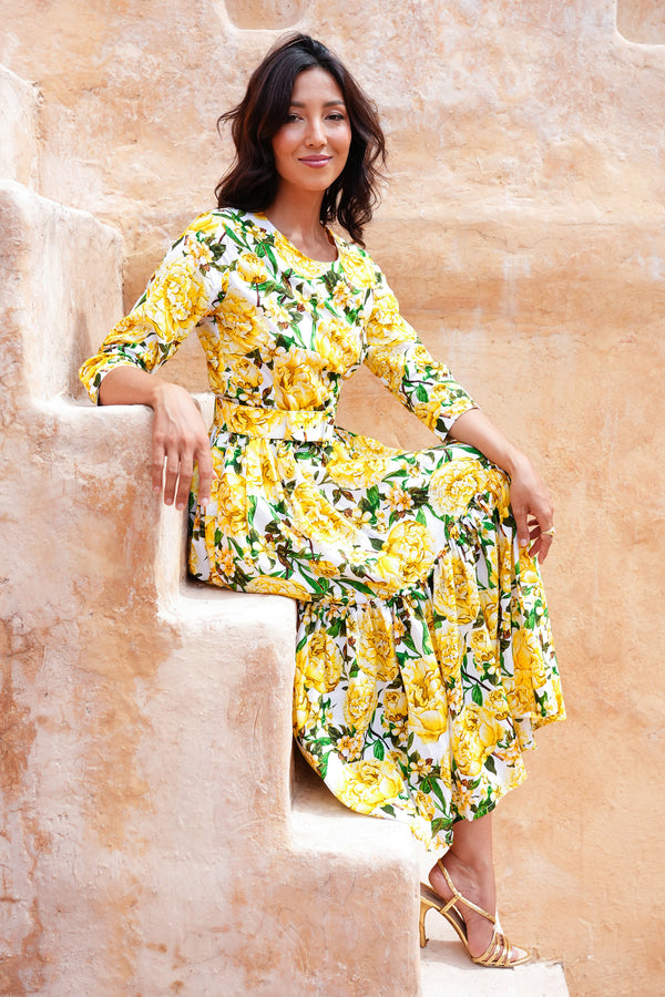 Melanie Dress Crew Neck 3/4 Sleeve Midi Plus Length Cotton Lawn (Pink Peony)