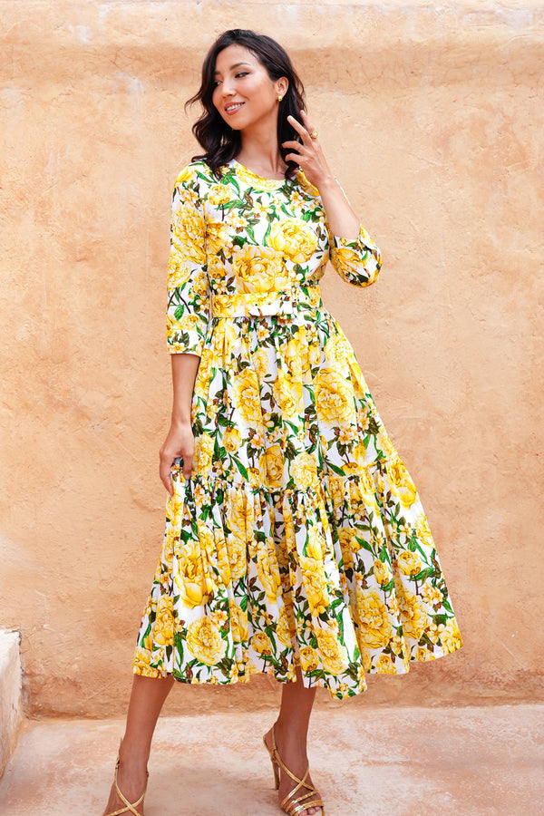 Melanie Dress Crew Neck 3/4 Sleeve Midi Plus Length Cotton Lawn (Pink Peony)