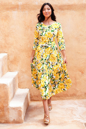 Melanie Dress Crew Neck 3/4 Sleeve Midi Plus Length Cotton Lawn (Pink Peony)