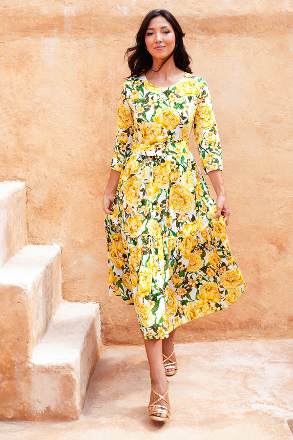 Melanie Dress Crew Neck 3/4 Sleeve Midi Plus Length Cotton Lawn (Pink Peony)