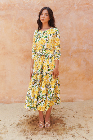 Melanie Dress Crew Neck 3/4 Sleeve Midi Plus Length Cotton Lawn (Pink Peony)
