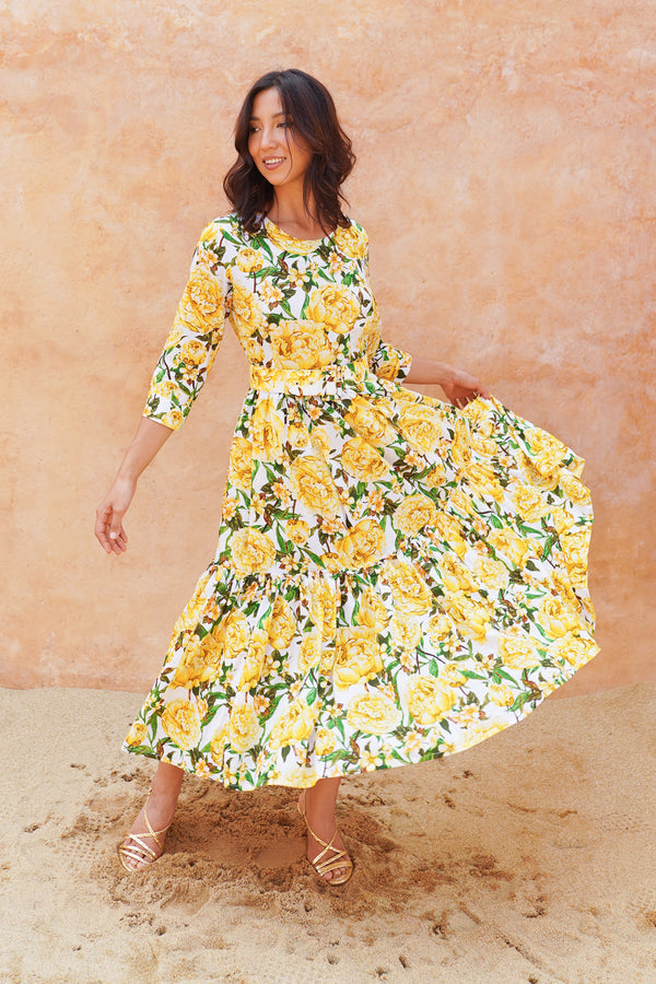 Melanie Dress Crew Neck 3/4 Sleeve Midi Plus Length Cotton Lawn (Pink Peony)