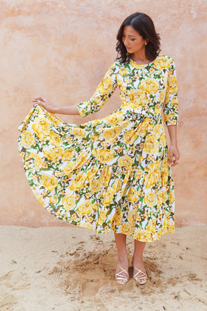 Melanie Dress Crew Neck 3/4 Sleeve Midi Plus Length Cotton Lawn (Pink Peony)