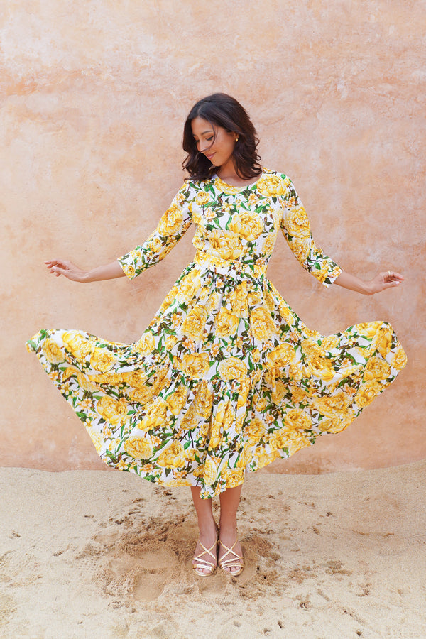 Melanie Dress Crew Neck 3/4 Sleeve Midi Plus Length Cotton Lawn (Pink Peony)