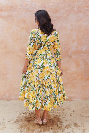 Melanie Dress Crew Neck 3/4 Sleeve Midi Plus Length Cotton Lawn (Pink Peony)