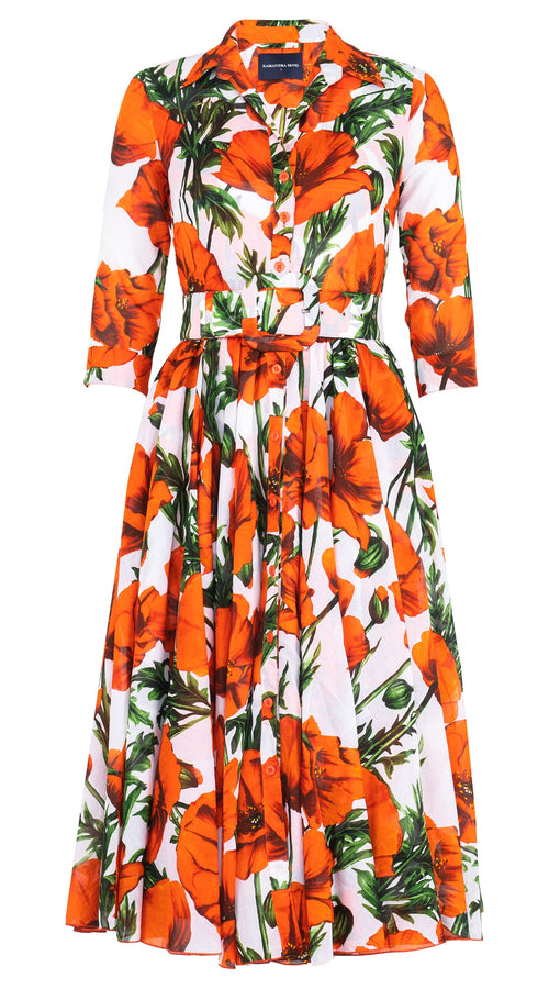 Aster Dress Shirt Collar 3/4 Sleeve Midi Length Cotton Musola (Poppy Poland Big)