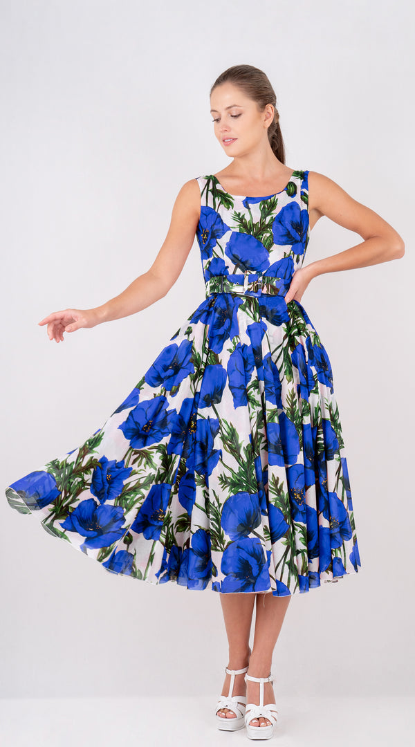 Aster  Dress Boat Neck Sleeveless Midi Length Cotton Musola (Poppy Poland Big)