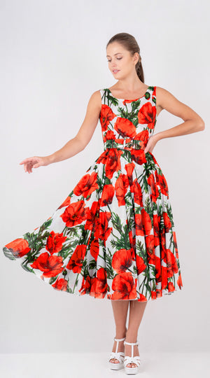 Aster  Dress Boat Neck Sleeveless Midi Length Cotton Musola (Poppy Poland Big)