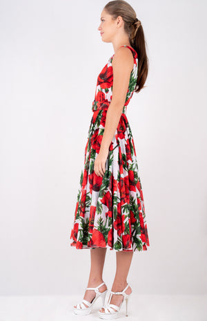 Aster  Dress Boat Neck Sleeveless Midi Length Cotton Musola (Poppy Poland Big)