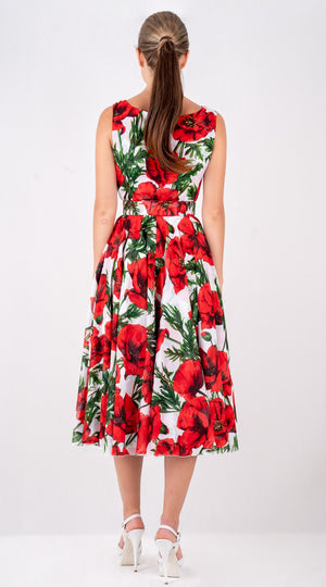 Aster  Dress Boat Neck Sleeveless Midi Length Cotton Musola (Poppy Poland Big)