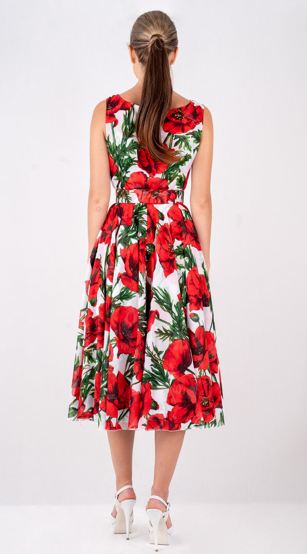 Aster  Dress Boat Neck Sleeveless Midi Length Cotton Musola (Poppy Poland Big)