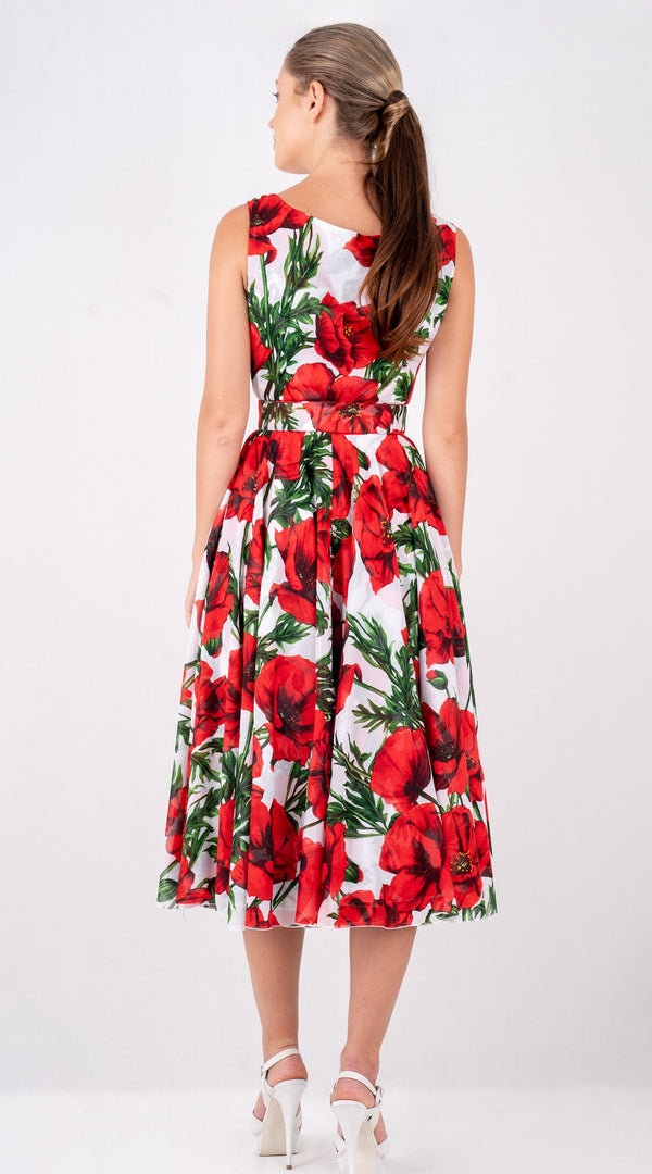 Aster  Dress Boat Neck Sleeveless Midi Length Cotton Musola (Poppy Poland Big)