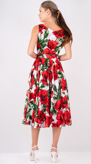 Aster  Dress Boat Neck Sleeveless Midi Length Cotton Musola (Poppy Poland Big)