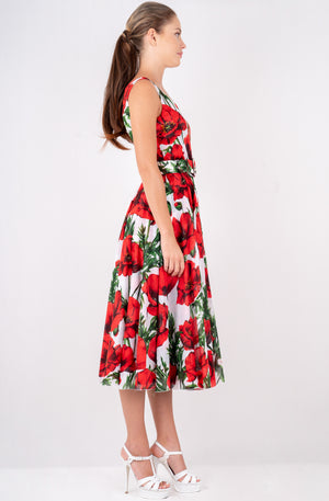 Aster  Dress Boat Neck Sleeveless Midi Length Cotton Musola (Poppy Poland Big)