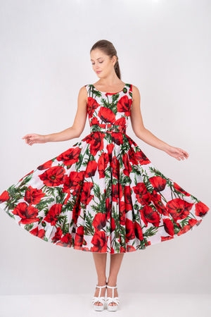 Aster  Dress Boat Neck Sleeveless Midi Length Cotton Musola (Poppy Poland Big)