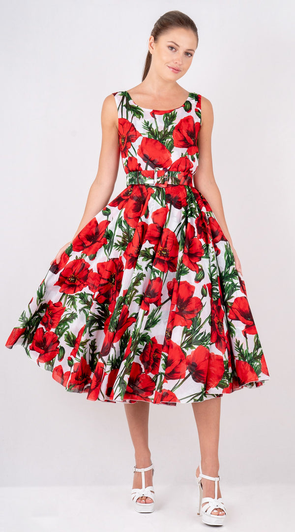 Aster  Dress Boat Neck Sleeveless Midi Length Cotton Musola (Poppy Poland Big)