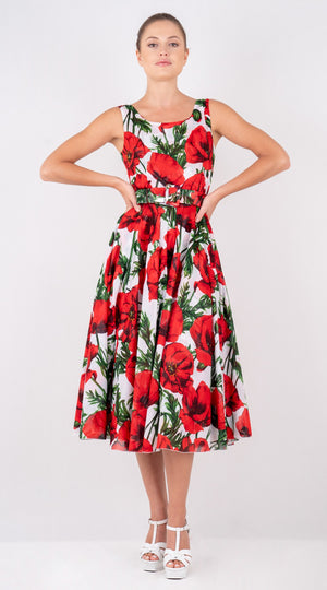 Aster  Dress Boat Neck Sleeveless Midi Length Cotton Musola (Poppy Poland Big)