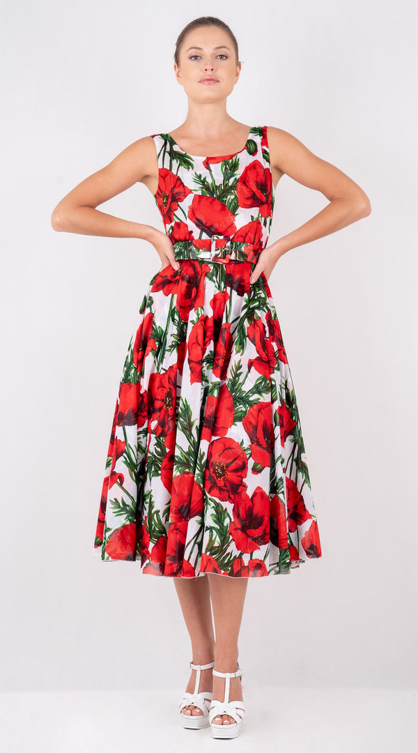 Aster  Dress Boat Neck Sleeveless Midi Length Cotton Musola (Poppy Poland Big)