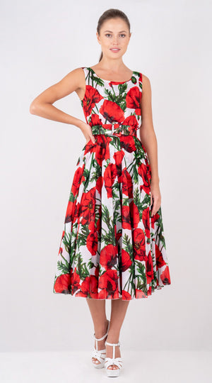 Aster  Dress Boat Neck Sleeveless Midi Length Cotton Musola (Poppy Poland Big)