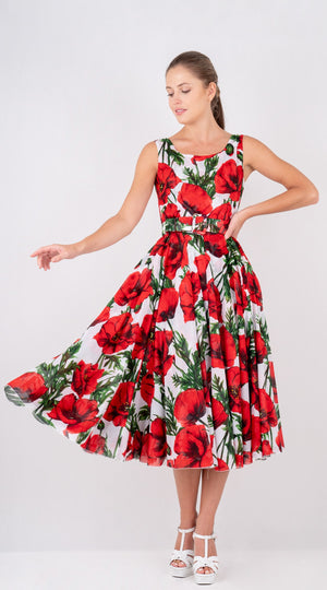 Aster  Dress Boat Neck Sleeveless Midi Length Cotton Musola (Poppy Poland Big)