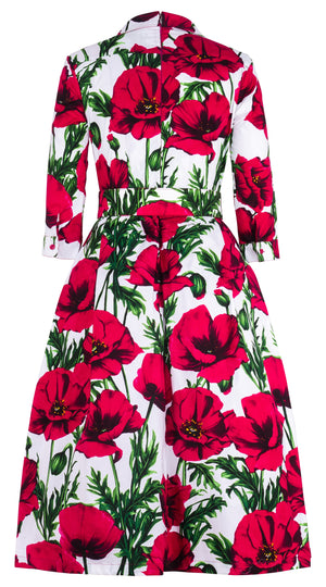 Lana Dress Shirt Collar 3/4 Sleeve Midi Length Cotton Stretch (Poppy Polland)