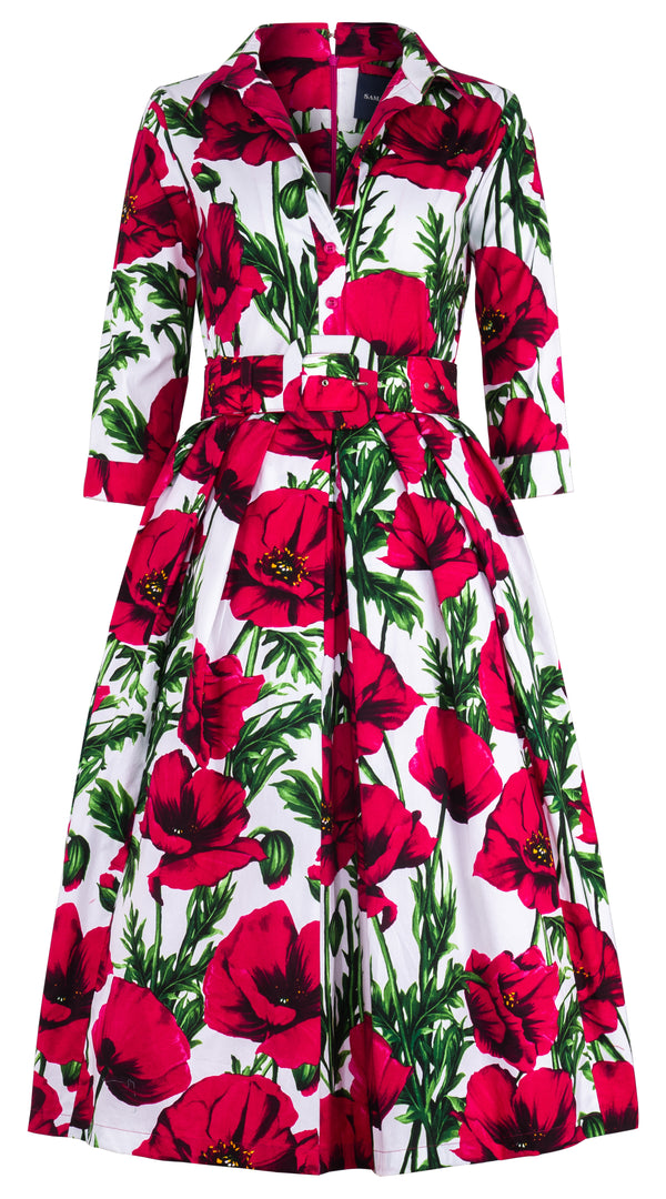 Lana Dress Shirt Collar 3/4 Sleeve Midi Length Cotton Stretch (Poppy Polland)