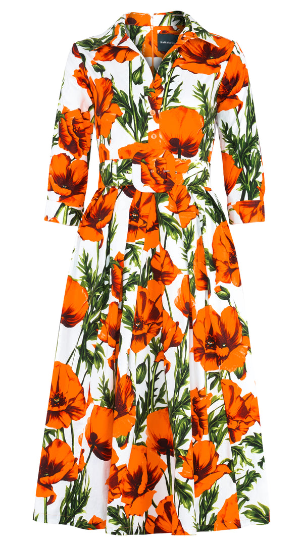 Lana Dress Shirt Collar 3/4 Sleeve Midi Length Cotton Stretch (Poppy Polland)