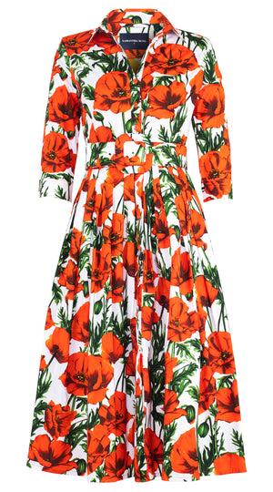 Audrey Dress #1 Shirt Collar 3/4 Sleeve Long Length Cotton Stretch (Poppy Polland)