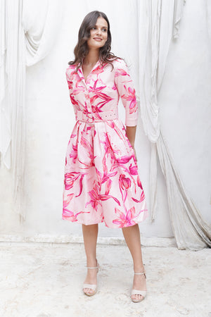 Audrey Dress #1 Shirt Collar 3/4 Sleeve Long Length Silk Taffta (Portofino Lillies Big)