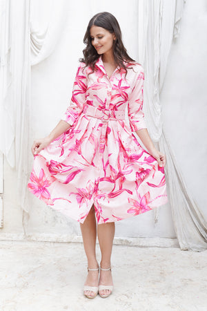 Audrey Dress #1 Shirt Collar 3/4 Sleeve Long Length Silk Taffta (Portofino Lillies Big)