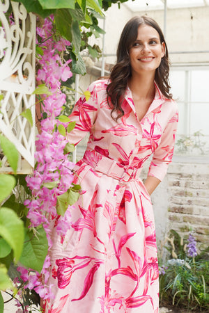 Audrey Dress #1 Shirt Collar 3/4 Sleeve Long Length Silk Taffta (Portofino Lillies Big)