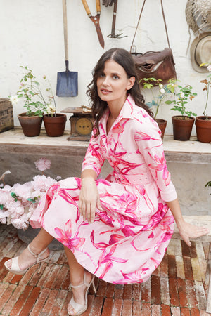 Audrey Dress #1 Shirt Collar 3/4 Sleeve Long Length Silk Taffta (Portofino Lillies Big)