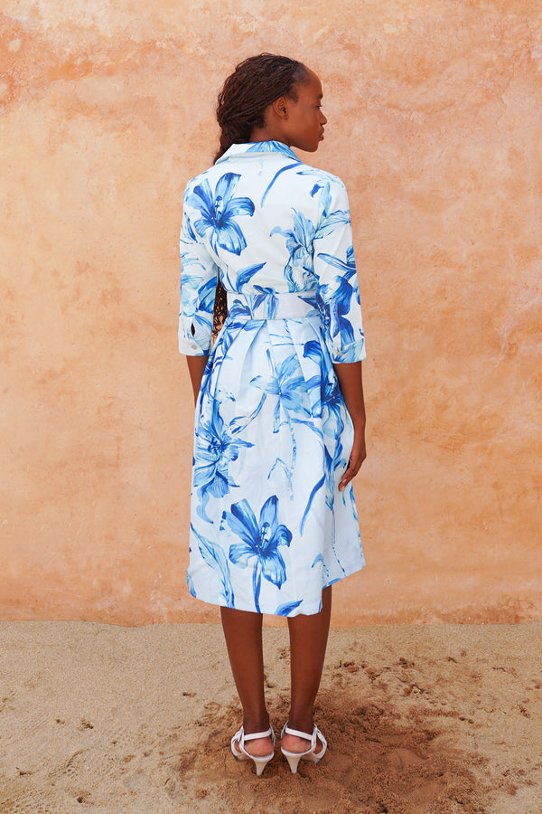 Audrey Dress #1 Shirt Collar 3/4 Sleeve Long Length Silk Taffta (Portofino Lillies Big)