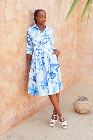 Audrey Dress #1 Shirt Collar 3/4 Sleeve Long Length Silk Taffta (Portofino Lillies Big)
